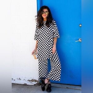 Dressed in Lala Lex Ribbed Playsuit Set - Black & White Checkerboard XL